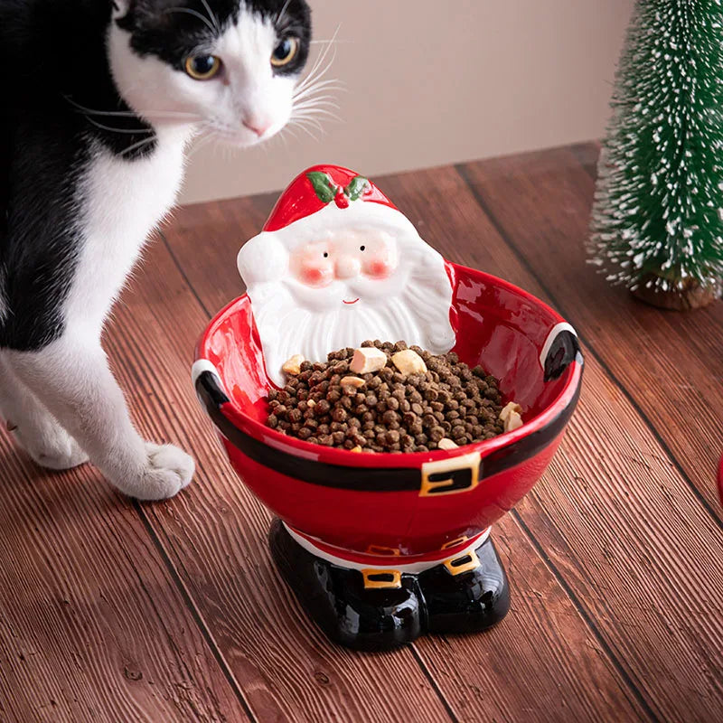 Elevated Ceramic Pet Bowl Santa Design For Cats And Dogs
