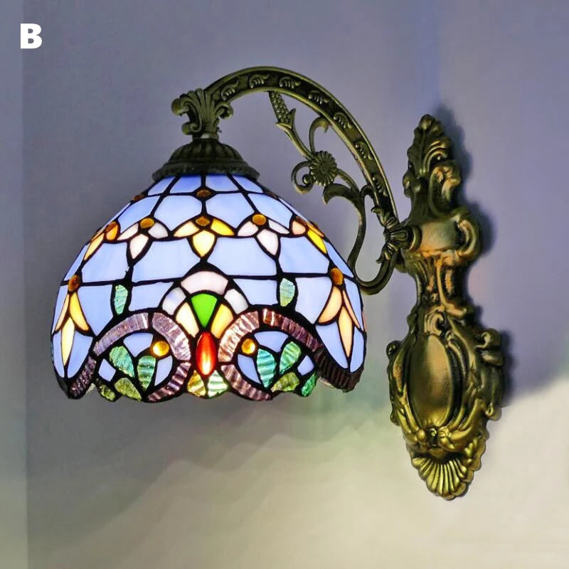 Vintage Stained Glass LED Wall Sconce - Mediterranean Baroque Bedside Lamp