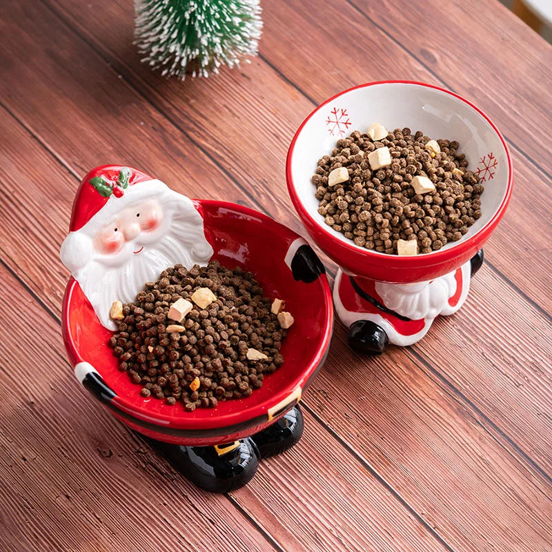 Elevated Ceramic Pet Bowl Santa Design For Cats And Dogs